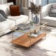 Rectangle glass coffee table with gold steel frame and wood shelf, featuring a modern design for versatile living.
