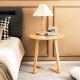 Round end table featuring adjustable foot pads and rounded edges, showcasing a natural rubber wood finish for farmhouse.