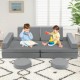 Kids play couch sofa in gray, featuring two children playing, with modular cushions for creativity and imagination.