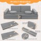 Dimensions of the 8-piece kids play couch sofa set in gray, featuring modular cushions for creative play and easy.