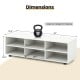 White TV stand with 6 storage compartments, dimensions shown, suitable for TVs up to 55 inches, featuring cable.