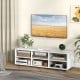 Spacious white TV stand with elegant design, showcasing 6 open cubbies and cable management for organized living spaces.