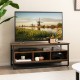3-tier industrial style coffee table in rustic brown with open shelf and 3 storage cubbies for versatile use.