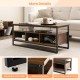 3-tier industrial style coffee table in rustic brown with open shelf and storage cubbies for versatile use in living.