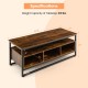 3-tier industrial style coffee table in rustic brown with open shelf and storage cubbies for versatile use.