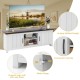 TV stand featuring a large tabletop, two cabinets, and open shelves, designed for TVs up to 65 inches, in a modern.
