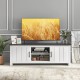 TV stand with two cabinets and open shelves, designed for TVs up to 65 inches, featuring a modern white finish.