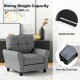 Gray modern upholstered accent chair with rubber wood legs, featuring a detachable back cushion and non-slip foot pads.