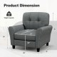 Modern gray upholstered accent chair with rubber wood legs, featuring detachable back cushion and dimensions for living.