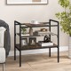 Industrial entryway table in rustic brown with removable panel and mesh shelf, perfect for organizing diverse items.