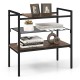 Industrial entryway table in rustic brown with removable metal shelf and mesh panel for versatile home organization.