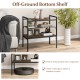 Industrial entryway table in rustic brown with removable metal shelf and off-ground bottom shelf for organized storage.
