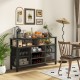 55-inch gray buffet sideboard featuring wine racks, glass holders, and industrial metal mesh doors for stylish storage.