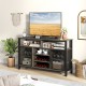 55-inch gray buffet sideboard with wine racks, glass holders, and industrial metal mesh doors for stylish storage.