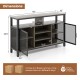 55-inch gray buffet sideboard featuring wine racks, open shelves, and metal mesh doors for stylish storage and display.