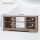 Dimensions of a gray TV stand for up to 65-inch TVs, featuring adjustable shelves and cable management holes.