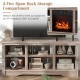 Gray TV stand with adjustable shelves, designed for 65-inch TVs and an 18-inch electric fireplace compartment.