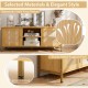 Boho TV stand with faux rattan doors and spacious tabletop for TVs up to 55 inches, featuring sturdy metal support feet.