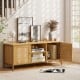 Boho TV stand with faux rattan doors, spacious for TVs up to 55 inches, featuring open shelves and side storage.