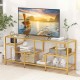 58-inch gold TV console table with tempered glass shelves, perfect for living room storage and display.