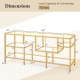 Dimensions of the 58-inch gold TV console table with tempered glass shelves, featuring a load capacity of 110 lbs.