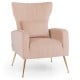 Velvet upholstered wingback chair in pink with lumbar pillow and golden metal legs, perfect for living rooms and.