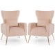 Pair of pink velvet upholstered wingback chairs with lumbar pillows and golden metal legs, perfect for living rooms.