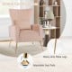 Side view of pink velvet upholstered wingback chair featuring golden metal legs and adjustable foot pads for stability.