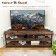 3-tier corner TV stand in rustic brown, designed for TVs up to 65 inches, featuring a built-in charging station and.