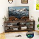 Rustic brown 3-tier corner TV stand with open compartments and a built-in charging station for versatile electronic.