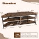 Dimensions of the 3-tier corner TV stand in rustic brown, featuring a built-in charging station and four open.