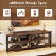 3-tier corner TV stand in rustic brown with 4 open compartments and built-in charging station for TVs up to 65 inches.
