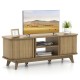 TV stand for 55-inch TV in oak finish with dual sliding doors, adjustable shelves, and rustic design for versatile.