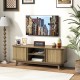 TV stand in oak finish with dual sliding doors, adjustable shelves, and rustic design, ideal for 55-inch TVs and decor.
