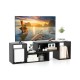 L-shaped black TV stand with customizable design, suitable for TVs up to 55 inches, featuring unique open storage cubes.