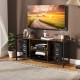 Rustic brown TV stand for 55-inch TVs with 3 open shelves and a robust metal frame, perfect for entertainment centers.