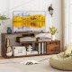 60-inch rustic brown TV stand with open shelves, built-in power outlet, and spacious cabinet for organized storage.