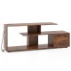 60-inch rustic brown entertainment center with 3 open shelves, cabinet, and built-in power outlet for TV and media.