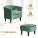 Green upholstered teddy velvet barrel chair with ottoman, featuring dimensions and weight capacity details for.
