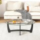 Oval coffee table featuring a sleek tempered glass tabletop and rubber wood legs, designed for modern living room.
