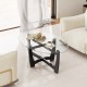 Oval coffee table with tempered glass top and rubber wood legs, featuring an X-shaped base, ideal for living room use.