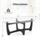 Oval coffee table with tempered glass top and rubber wood legs, featuring an X-shaped base and adjustable foot pads.