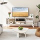 Media TV console table in white with raised support legs, featuring spacious top and open compartments for storage.