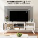 Media TV console table in white displaying flat screen TVs up to 55", featuring open compartments and raised support.