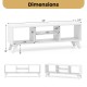 Media TV console table in white with dimensions, featuring 4 open compartments and raised support legs for stability.