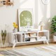 Media TV console table in white with raised support legs, featuring open compartments for storage and modern design.