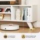 Media TV console table in white with raised support legs, featuring 5" clearance for a sweeper and spacious.