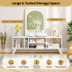 Media TV console table in white with spacious top and 4 open compartments for storage and display. Ideal for modern.