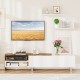 Farmhouse TV stand in white with open compartments and floating shelves, designed for TVs up to 80 inches.