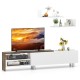 Farmhouse TV stand in white with open compartments, designed for TVs up to 80 inches, featuring floating shelves.